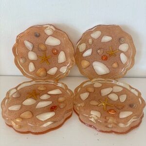 Vintage 1950s Handmade Beach Resin Coasters – Set of 4 – Real Sand & Seashells